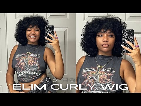 ELIM Big Curly Afro Soft Wig with Bangs Heat Resistant Synthetic Wig